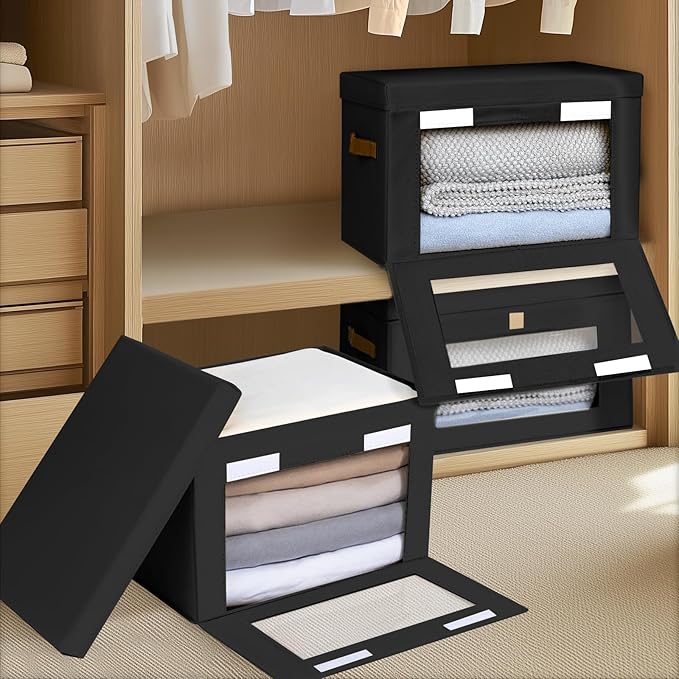 Homsorout Collapsible Storage Bins - Large Stackable Organizer Bins, Decorative Boxes with Handles & Window, Fabric Containers for Living Room, Closet, Dorm, 6 Pack, Black