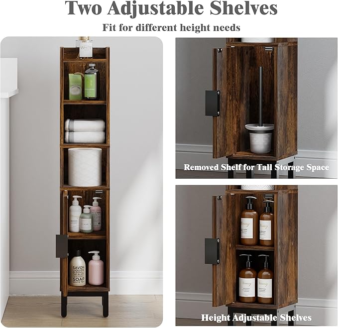 FerniTry Narrow Bathroom Storage Cabinet, Corner Toilet Paper Floor Cabinet 5 Tiers with Door and Shelves,Bathroom Organizer with Adjustable Shelf, for Small Spaces(Rustic Brown)
