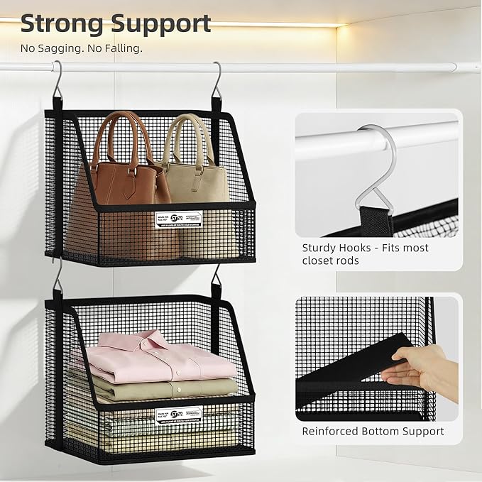 STORAGE MANIAC 3 Tier Hanging Closet Organizer with Mesh Baskets, Clothes Hanging Shelves, Foldable Stackable Storage, Space-Saving Collapsible Basket with Hooks for RV, Dorm, Bedroom, College, Black