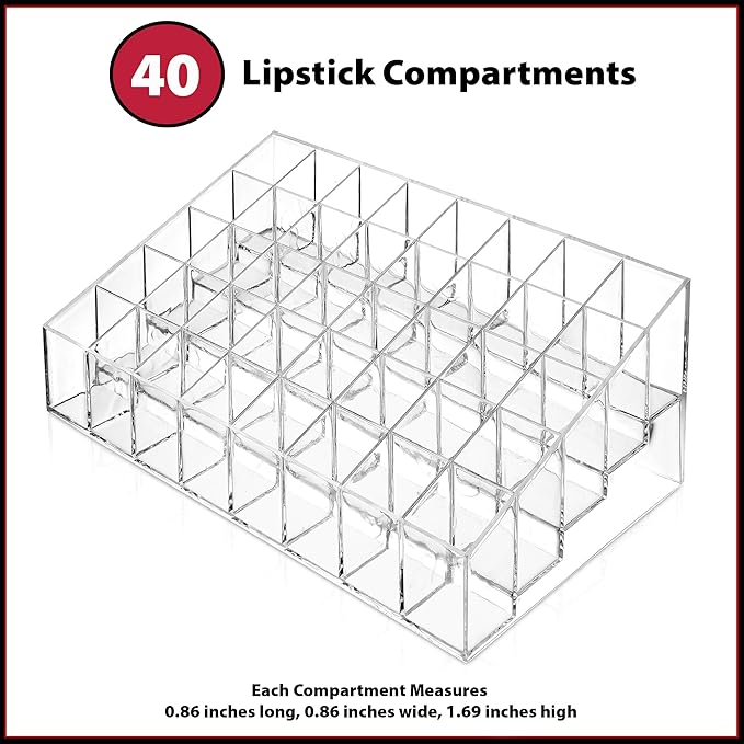 Casafield 40 Slot Acrylic Lipstick & Makeup Organizer - Cosmetic Display Case - Clear