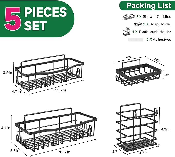 Shower Caddy 5 Pack Rustproof Stainless Steel Bath Organizers With Large Capacity, No Drilling Shelves, Adhesive Shower Caddy, for Bathroom Storage & Home Decor, SC02, Black