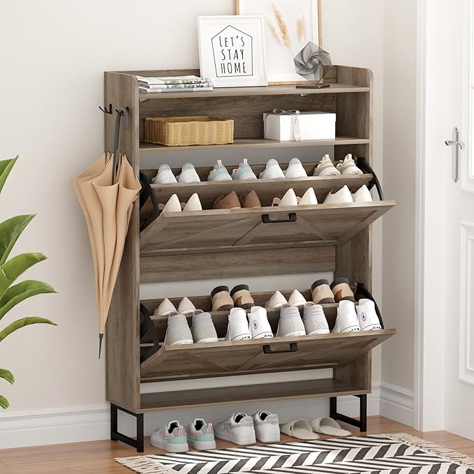 Shoe Cabinet with 2 Flip Drawers, Grey
