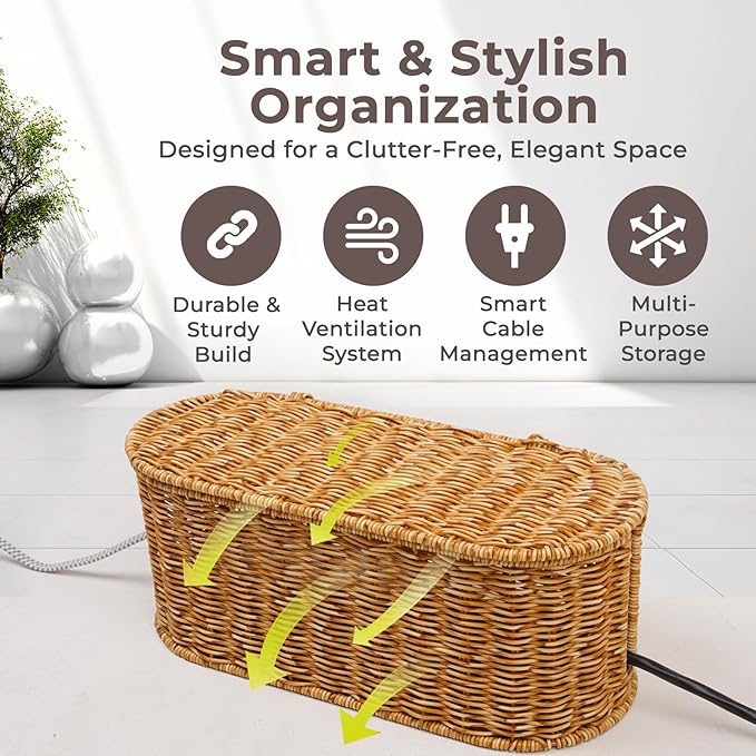 Cable Management Box, Handmade Rattan Cable Organizer, Natural
