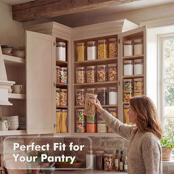 3-Pack 1.6Qt Square Glass Storage Jars with Bamboo Lids, Pantry Storage Containers for Neat Organization, Ideal for Minimalist Kitchen Organizer, Nut, Coffee Beans, Oats, Cookie, Candy, Flour