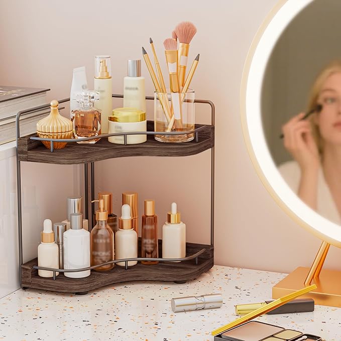 2-Tier Corner Bathroom Counter Organizers, Stable Wood Vanity Shelf for Perfume, Skincare & Makeup, Larger Size Countertop Organizer and Storage for Bathroom, Kitchen and Dresser(Dark Brown)