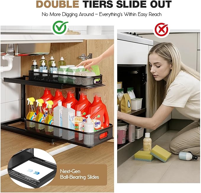 2-Pack 18.5 IN Depth Under Sink Organizer With Next-Gen Ball-Bearing Slides,Sophisticated Mesh 2-Tier Pull Out Shelf for Kitchen & Bathroom,Fits Small Items-Gun Gray