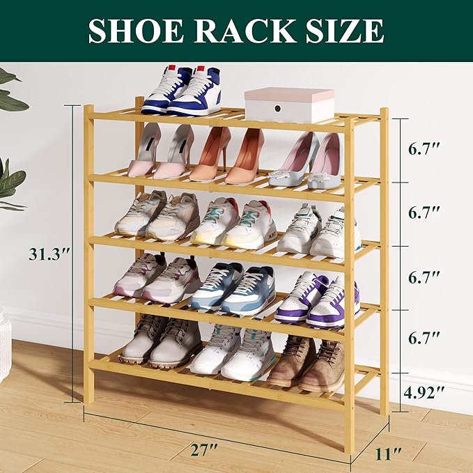Smiry Bamboo Shoe Rack for Closet, 5 Tier Wooden Shoe Organizer, Stackable Wood Shoe Storage Shelf for Entryway, 14 Vertical Slats, 2+3 Stack Heavy-Duty Legs, 26.77"x11.02"x31.3", Natural