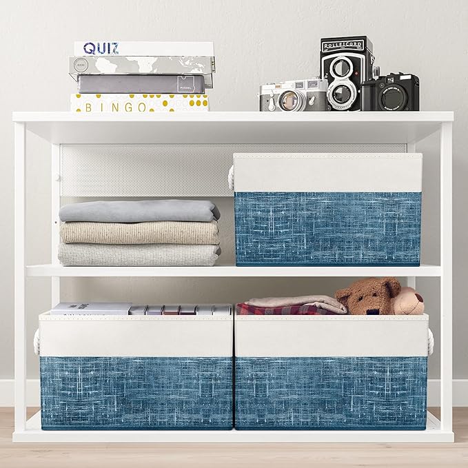 Fab totes Storage Bins 8-Pack, Foldable Storage Baskets for Organizing Toys, Books, Shelves, Closet, Large Storage Box with Rope Handles, Sturdy Organizer Bins, White & Blue