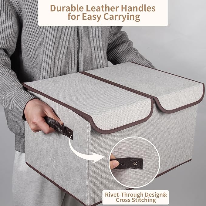 Foldable Fabric Storage Box, 16.5 x 11.8 x 9.8 inches (L x W x H), with Double-Lid & Dividers, Large Organizer for Home, Closet, Office(Grey, 3 Packs)