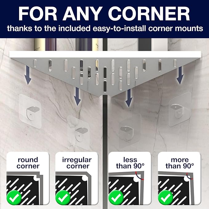 Corner Shower Shelf for Inside Shower - Adhesive/Stick/Drill/No Drill - Floating Strong 14" White Corner Shower Shelves for Bathroom, Tiled Wall, Caddy Organizer, Kitchen, Shower