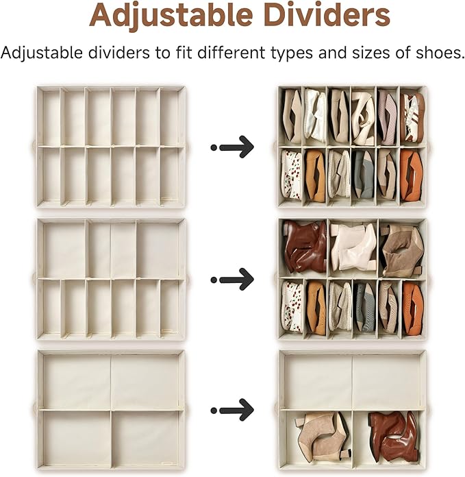 StorageWorks Underbed Shoe Storage Organizer for Closet, 2-Pack Fabric Under Bed Shoe Organizer with Adjustable Dividers, Fits up to 24 Pairs, Beige(Natural Texture)