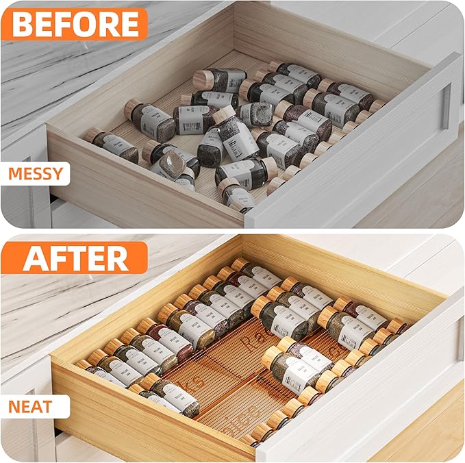 PanPanPal 8 Packs Spice Drawer Organizer, 2-Tier Acrylic Drawer Seasoning Organizer, Expandable From 11'' to 22'' Kitchen Spice Rack Organizers and Storage for Drawer (Jars not included), Amber