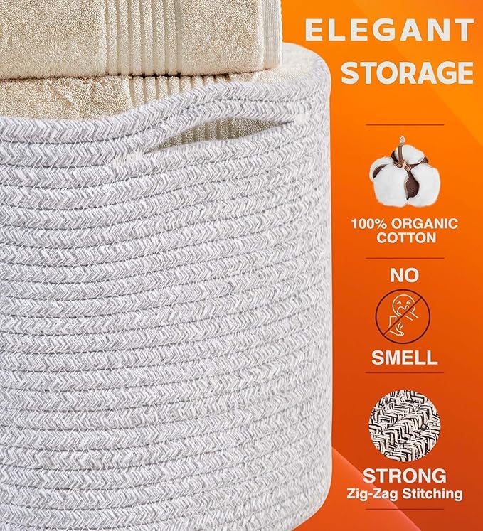 CHAT BLANC Cotton Rope Baskets for Organizing, Shelves, Toys, Storage, Shoe, Bathroom, Laundry, Towel, Nursery, Home Decor, Blanket, Cloth Woven Bins Fabric (Gray7, 15"x10"x9")