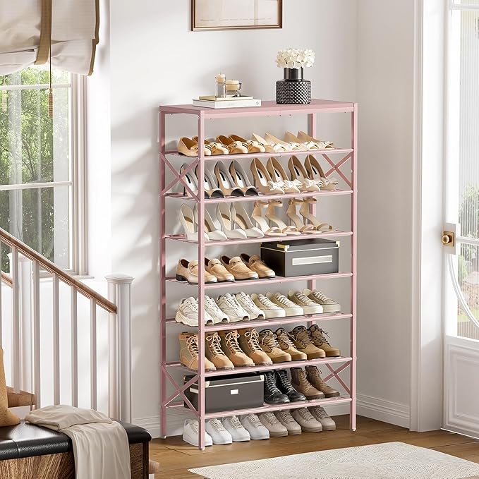 8-Tier Tall Shoe Rack Organizer Shoe Storage for Entryway 24-32 Pairs Metal Shoe Rack for Closet Heavy-Duty Shoe Rack with Wooden Top Shelf for Garage Pink