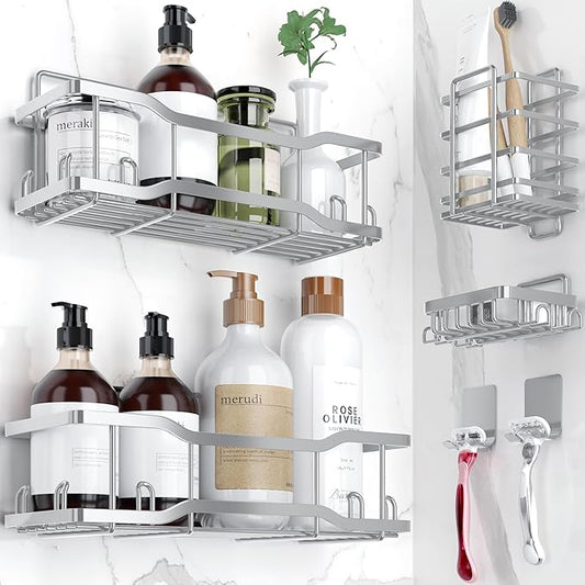 Shower Caddy Bathroom Shelves, The Athena Silken 4 Set, 40LB Capacity, Silver
