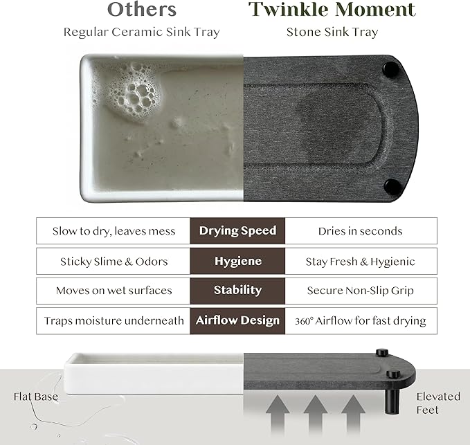 2PCS Water Absorbing Stone Soap Tray for Kitchen Bathroom Sink, Quick Dry Diatomaceous Earth Drying Rack and Shower Caddy, Soap Dispenser and Sponge Holder Organizer for Countertop, TWINKLE MOMENT; Dark Gray