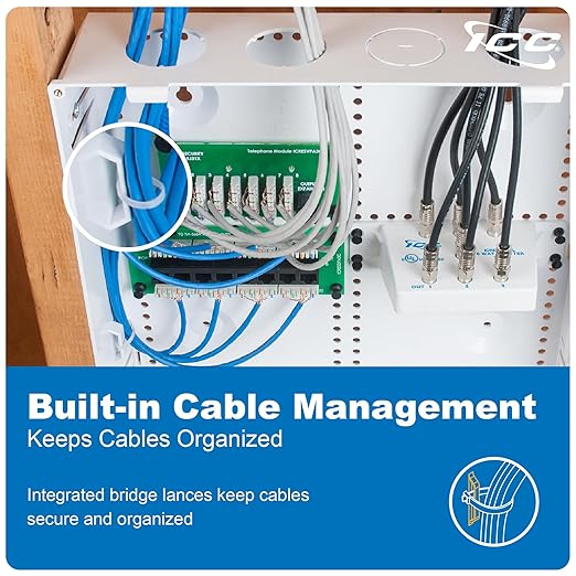 ICC 14” Plastic Structured Wiring Enclosure with Cover, Includes 3 Connectivity Modules (CAT6 8-Port PoE++ Module, 1x8 Bridged Telephone RJ31X Module, 1x6 Video Module), UL Listed, TAA Compliant