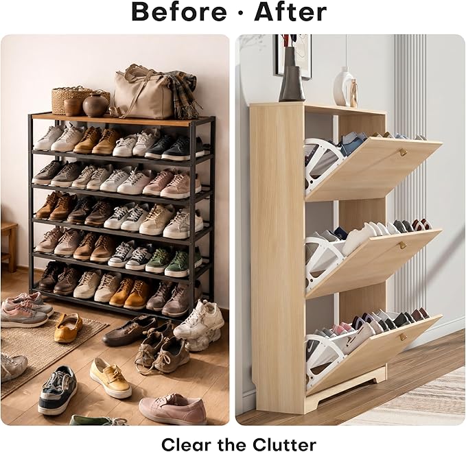 Nicetree Shoe Cabinet with 3 Flip Drawers，Freestanding Shoe Storage Cabinet, Narrow Shoe Organizer Cabinet, Farmhouse Slim Shoe Rack Cabinet for Entryway,Natural Oak with Hook