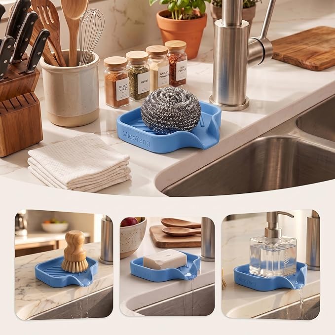 MicoYang Silicone Soap Dish with Drain Spout — Self-Draining Sink Organizer Tray for Bathroom & Kitchen, Holds Bar Soap, Sponges & Dispensers, Non-Slip & Dishwasher Safe, Lichen Blue(Small, 4.9"×3.2")