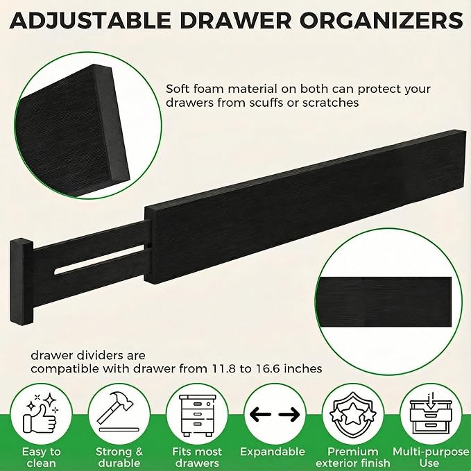 4 Pack Bamboo Drawer Dividers 2.6" High, Black