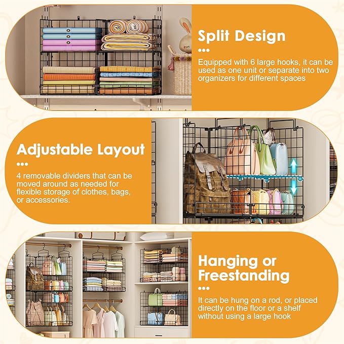Hanging Closet Organizer with DIY Spacing, Double-Row Closet Hanging Shelves with 4 Adjustable Dividers & 6 Hooks, Heavy Duty Metal Closet Storage Organizer with Front Guard, Split into 2 Units