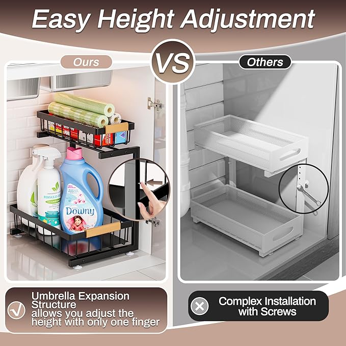 ADBIU Under Sink Organizer, 2 Pack 2 Tier Expandable Height (13.2" - 17.2") Pull Out Kitchen Bathroom Cabinet Organizers and Storage Shelf