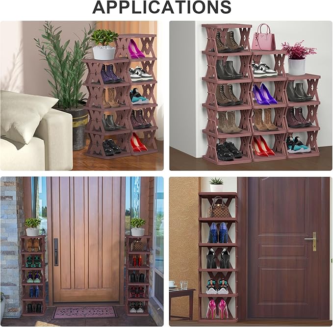 Shoe Rack, 6 Tier Shoe Organizer Fake Wood Pattern, Foldable Small Shoe Storage Space Saving, Collapsible Shoe Organizer for Closet, Front Door Entrance, Entryway, Bedroom, Brown