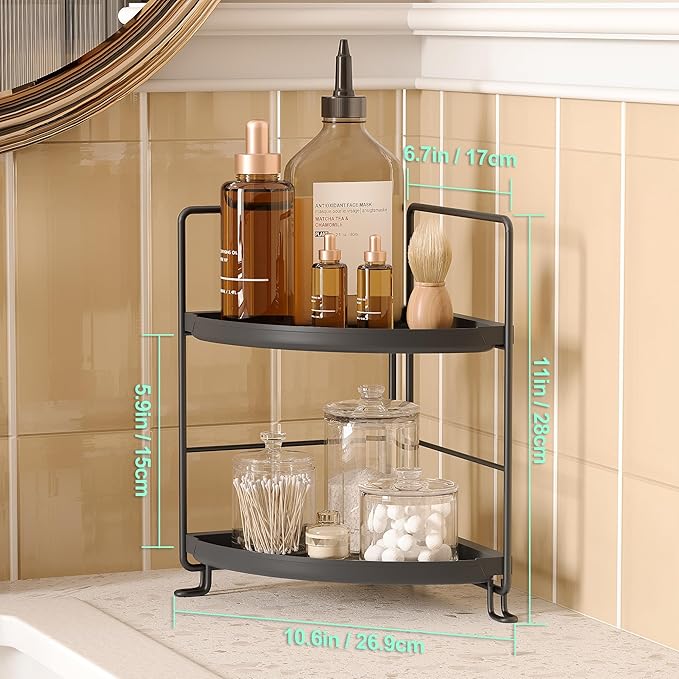 NLBTW 2 Tier Corner Bathroom Countertop Organizer, Tool-Less Installation Vanity Tray for Skincare Makeup Perfume Organizer, Small Plastics Counter Bathroom Storage and Organization (Black)
