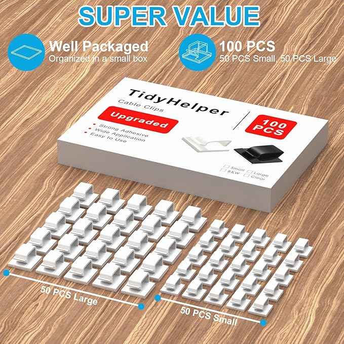 100 PCS Adhesive Cable Clips White (Small & Large)