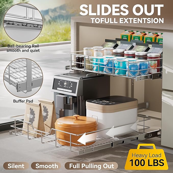 2 Tier Pull Out Cabinet Organizer 9" W X 22" D, Slide Out Drawers for Kitchen Cabinets, Pull Out Drawers for Cabinets Capacity Heavy Duty Caddy, Cabinet Pullout Shelves Chrome-Plated,Bathroom Pantry
