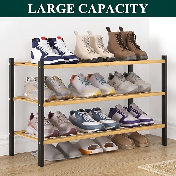 Smiry Bamboo Shoe Rack for Closet, 3 Tier Wooden Shoe Organizer, Stackable Wood Shoe Storage Shelf for Entryway, 14 Vertical Slats, One-piece Heavy-Duty Legs, 26.77"x11.02"x18.31", Natural & Black