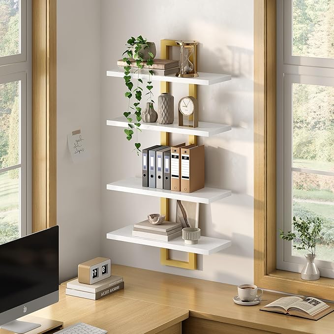 Floating Shelves, 15 Inch Wall Shelf Set of 2, White and Gold DW32BJ01