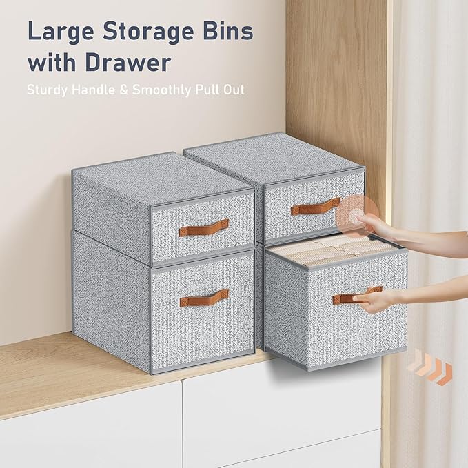DIMJ Closet Organizers and Storage - Fabric Storage Bins with Drawers Stackable Closet Bins with Labels for Clothes, Sweaters, Bedding, Collapsible Storage Cubes for Bedroom, Living Room, Shelf