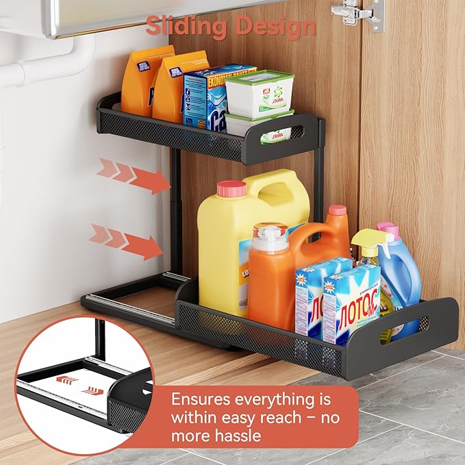 2 Pack Under Sink Organizer, 2 Tier Height Adjustable Kitchen Cabinet Organizer