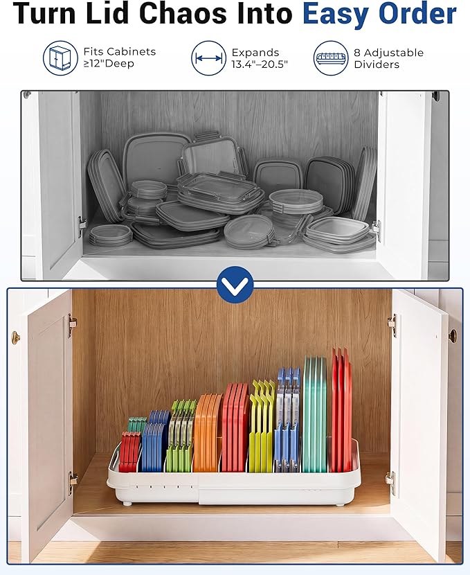 EVERIE Expandable Food Container Lid Organizer for Cabinet, Fits 12-Inch Deep or Deeper Cabinets , Adjustable 13.4" to 20.5", 8 Adjustable Dividers for lids , Drawer, Pantry and Kitchen Storage