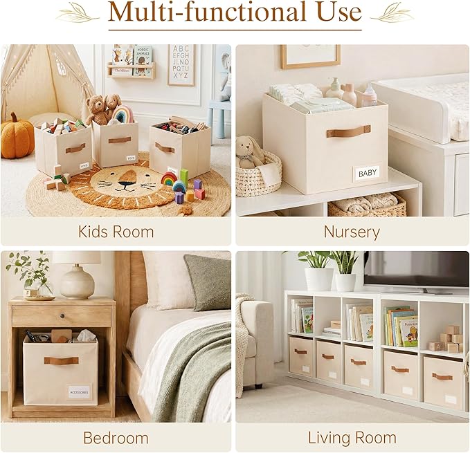 Storage Cubes 10 Pack, 11 Inch Fabric Storage Cubes Organizer Bins with Labels, Odor-Free & Sturdy PP Structure, Cubby Baskets for Closet, Shelves, Toys & Nursery (Beige)