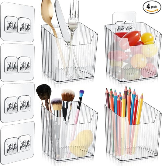4 Pack Acrylic Wall Mount Organizer, Adhesive Cabinet Door Storage Bins