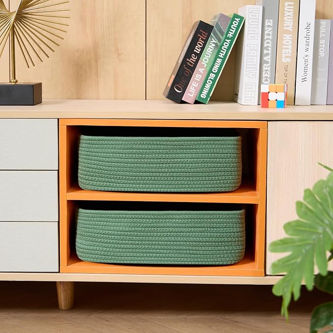 MiniArk Large Shallow Organizing Baskets 15x11x5.1 Inches - Rope Woven Storage Bins for Bathroom, Shelves, Cube Closet, Green 3 Packs