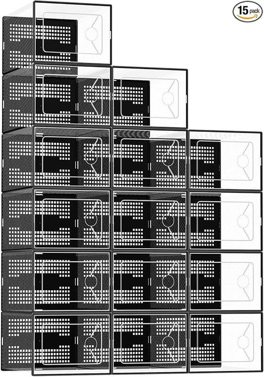 OLIXIS X-Large Shoe Storage Boxes, 15-Pack Clear Stackable Shoe Organizers with Lids, Sneaker Display and Storage Containers for Closet, Under Bed, Entryway, Black