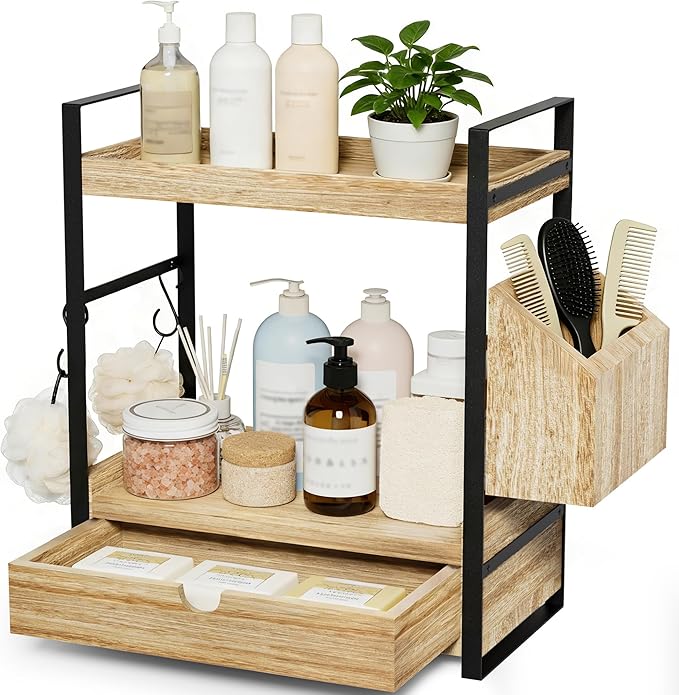 2-Tier Bathroom Counter Organizer with Drawer, Basket & Hooks, Light Brown