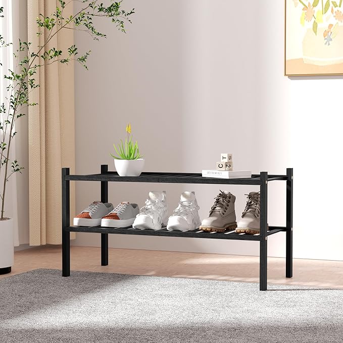 CRAFT 2 Tier Bamboo Shoe Rack for Closet Free Standing Wood Shoe Shelf, Black