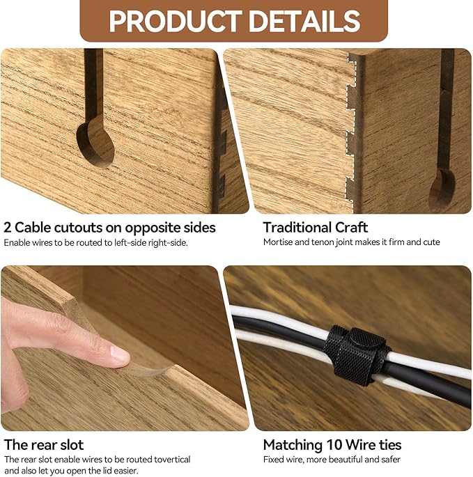 KIRIGEN Wooden Cable Management Box Set of 2 - Solid Wood Large & Small Cord Organizer Hides Power Strips, Chargers & Wires for Desk, TV Stand, Home Office Brown DXH2T-DBR