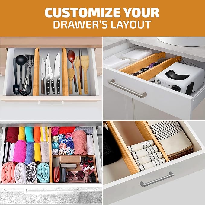 4-Pack Bamboo Drawer Dividers - 2.6 Inches High, Adjustable 12 to 17 Inches Expandable Drawer Organizer Dresser Separator for Clothes, Utensils, Bedroom, Bathroom, Kitchen, Office Storage Organization