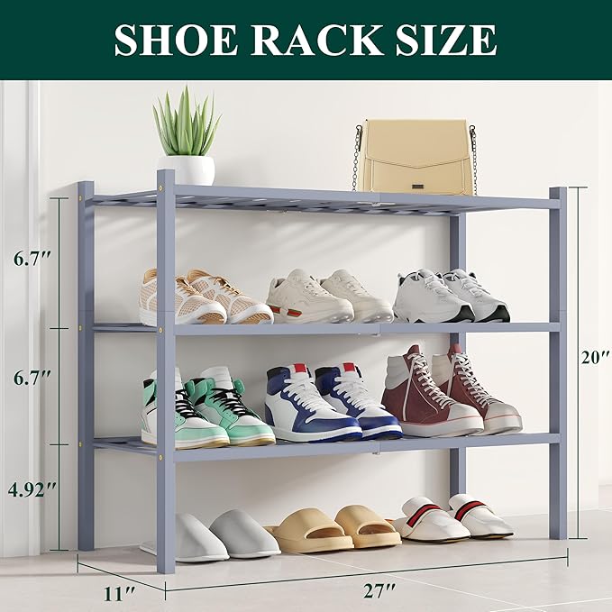 Smiry Bamboo Shoe Rack, 3 Tier Free Standing Wooden Shoe Organizer, Stackable Wood Shoe Storage Shelf for Closet, Entryway, 12 Vertical Slats, 2+1 Stack Standard Legs, 26.8"x11"x19.5", Grey