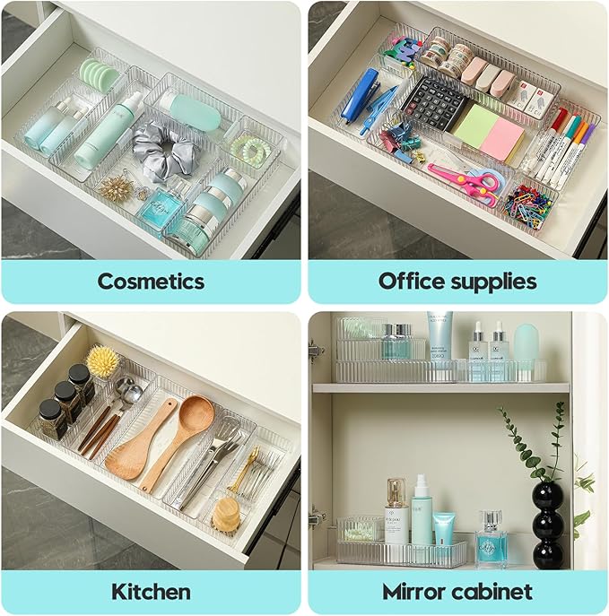7 PCS Clear Drawer Organizer Bins, Stackable Office Desk Drawer Organizers with 7 Connector Clips, 4 Sizes Plastic Drawer Trays for Office Supplies, Bathroom, Vanity, Makeup & Kitchen