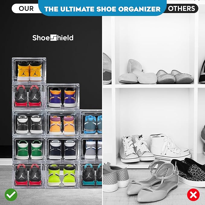 Ultra All Clear Shoe Boxes Plastic Stackable Professional Grade Shoe Display Case with Magnetic Front Drop Door Open Easy Assembly Modern Shoe Sneaker Display Case Fits US Size 14