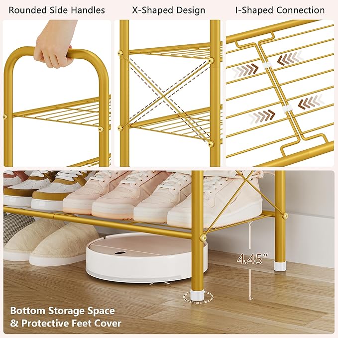 Hoctieon 4 Tier Mesh Style Shoe Rack, Entryway Shoe Shelf, Shoe Storage Organizer, Shoe Rack for Closet, Space Save for Bathroom, Garage, Hallway, Bedroom, Living Room, Gold