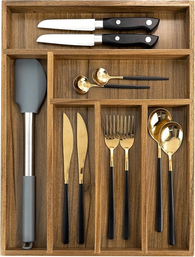 Luxury Acacia Kitchen Drawer Organizer, Silverware Organizer, 6 Slot