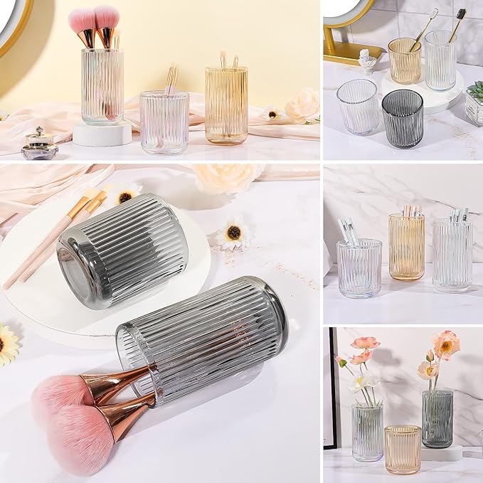 DASITON Makeup Brush Holder Organizer, Crystal Glass Makeup Brushes Storage Holder, Vintage Make Up Brush Cup for Vanity, Pen Pencil Holder for Desk, Toothbrush Holders for Bathroom (Grey S)