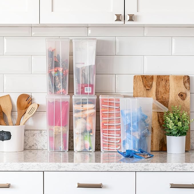 IRIS USA Vertical Plastic Flip Top Storage Containers Bins with Lids for Pantry, Home, Office, Organization, Large, Stackable Hinged Organizer with Latches, Clear, 6 Pack